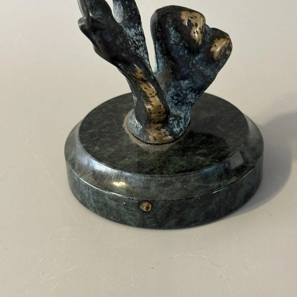 Vintage Verdigris Brass Dolphins Statue Verdigris Marble Base 6